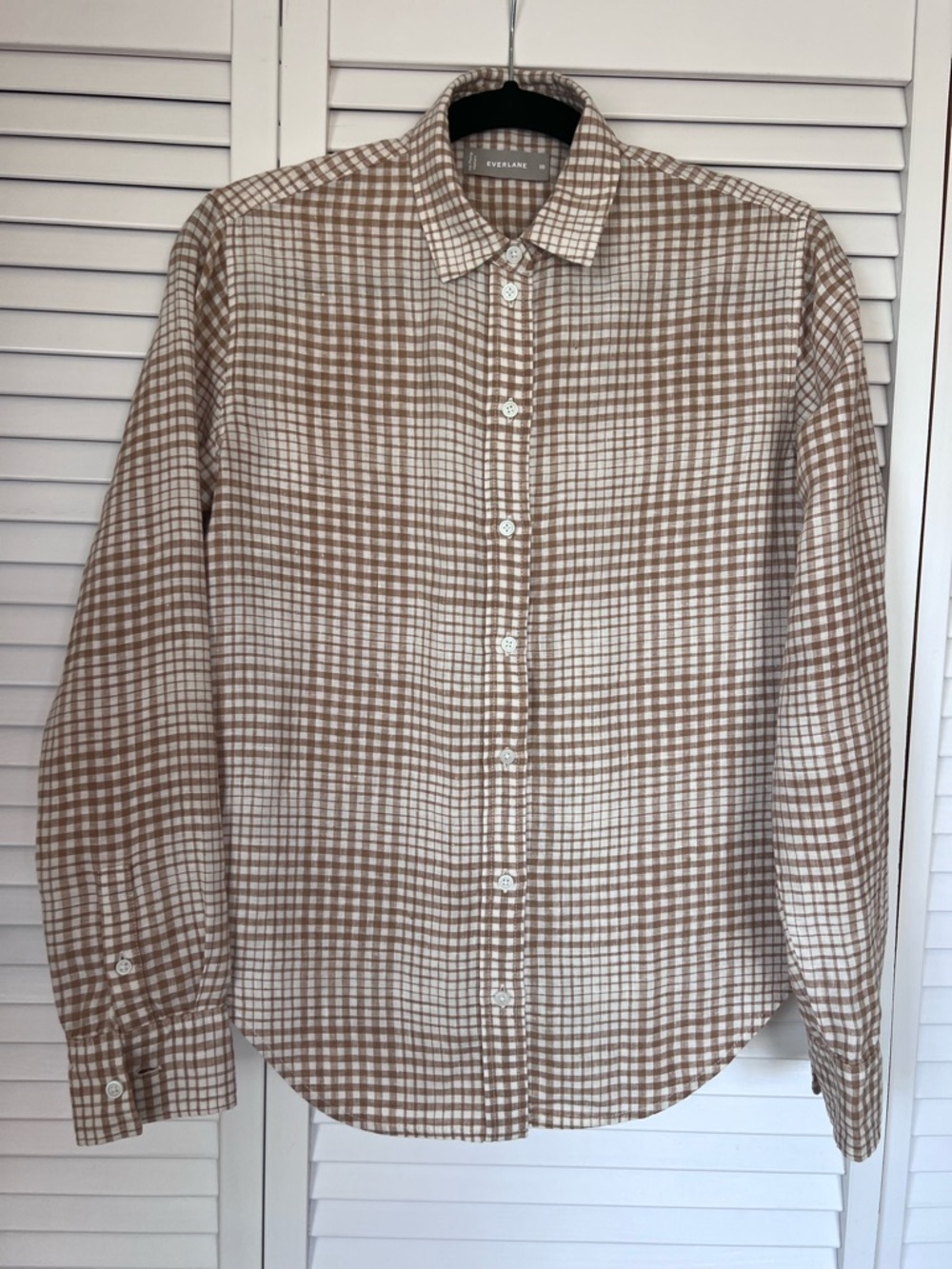 Everlane EUC Women’s Beige Gingham Button-Down Plaid Long Sleeve Shirt Size: 00 - Picture 4 of 13